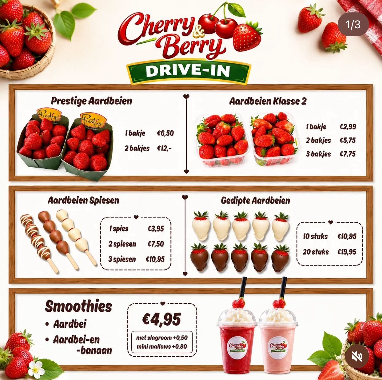 Cherry & Berry menukaart: aardbeien, spiesen, gedipte aardbeien en smoothies