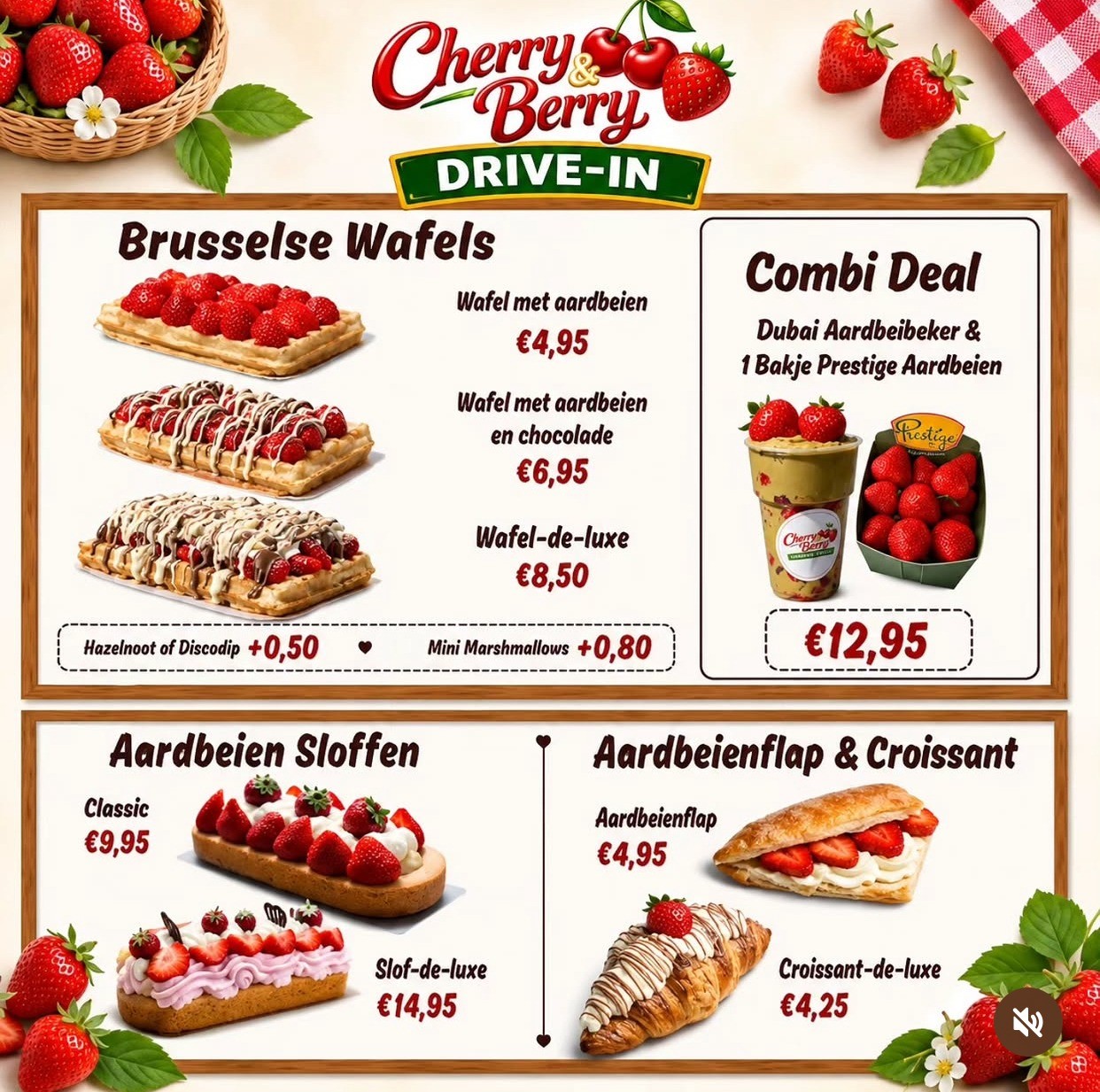 Cherry & Berry menukaart: wafels, sloffen, aardbeienflap en croissant