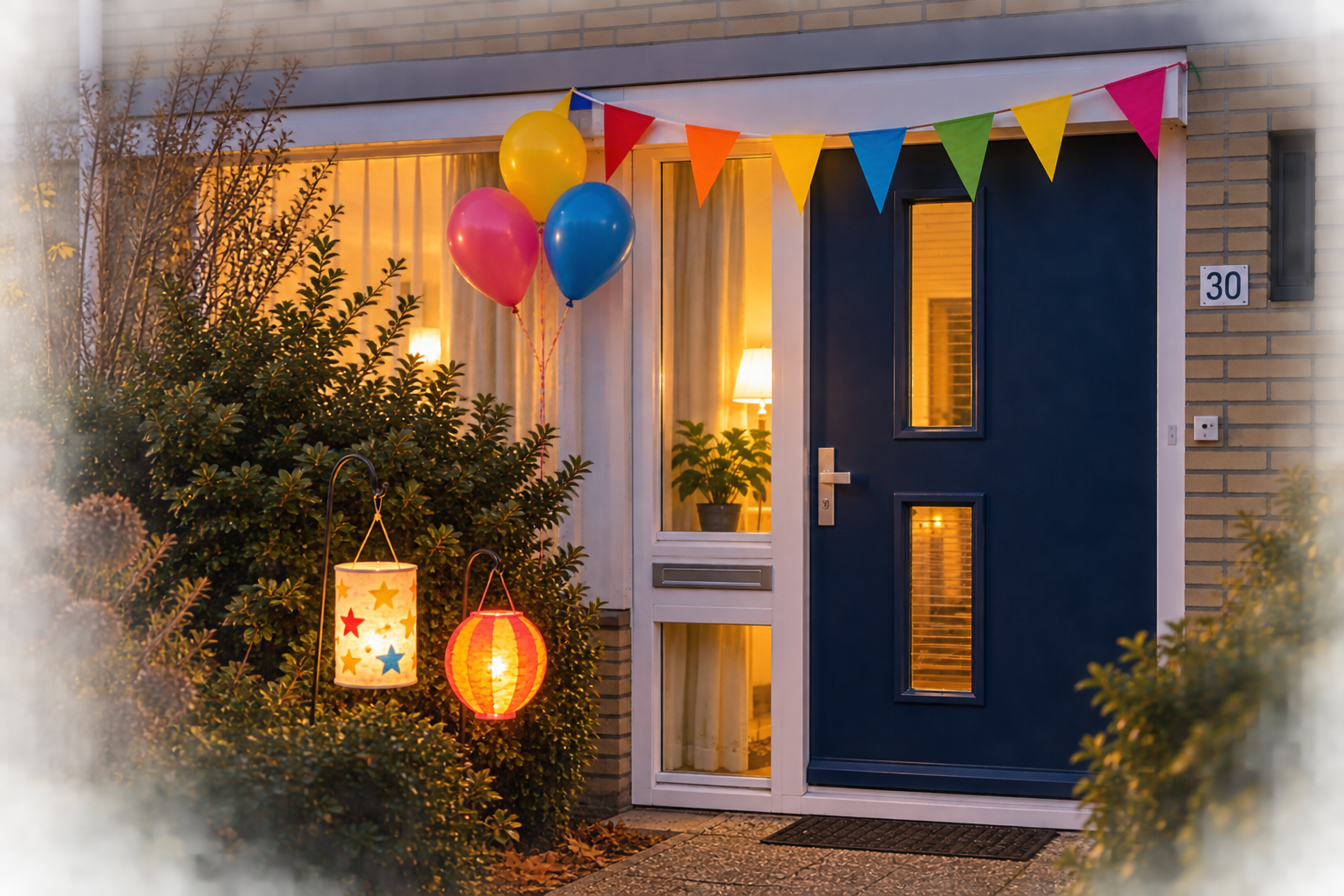 Voordeur in De Hoven met ballonnen en vlaggenlijn