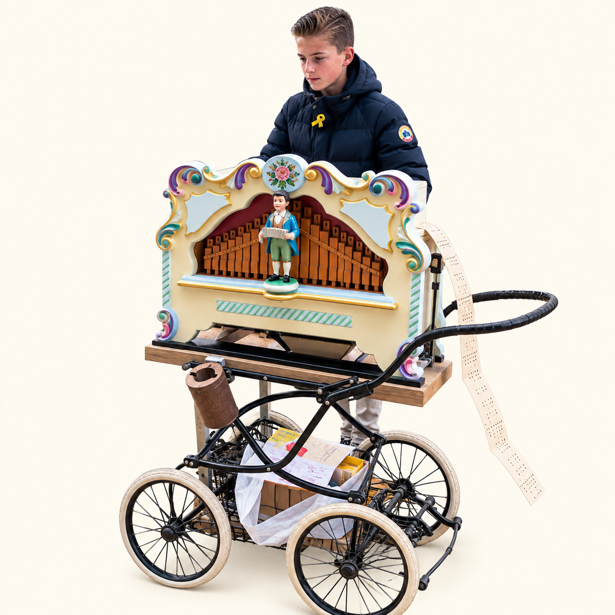 Jonge muzikant met zijn gerestaureerde orgel tijdens de Voortuinenmarkt in De Hoven