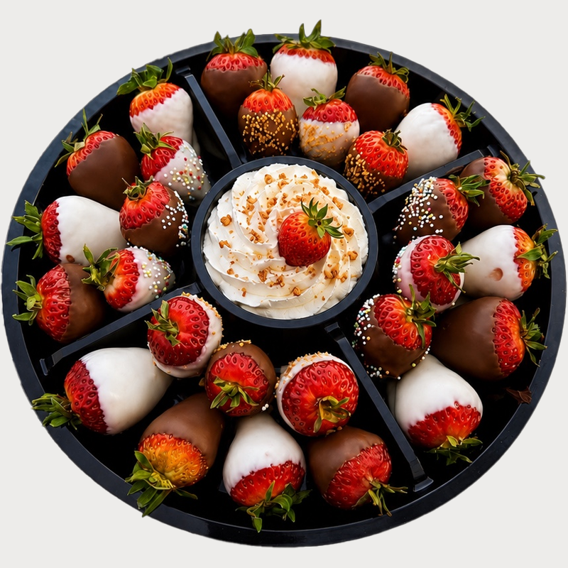Luxe ronde schaal met chocolade-aardbeien